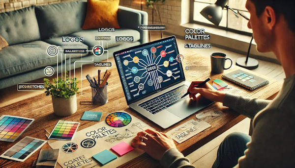 user visually organizes brainstorming ideas for logos, color palettes, and taglines.
