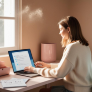 A focused young freelancer is sitting at a clean desk
