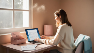 A focused young freelancer is sitting at a clean desk